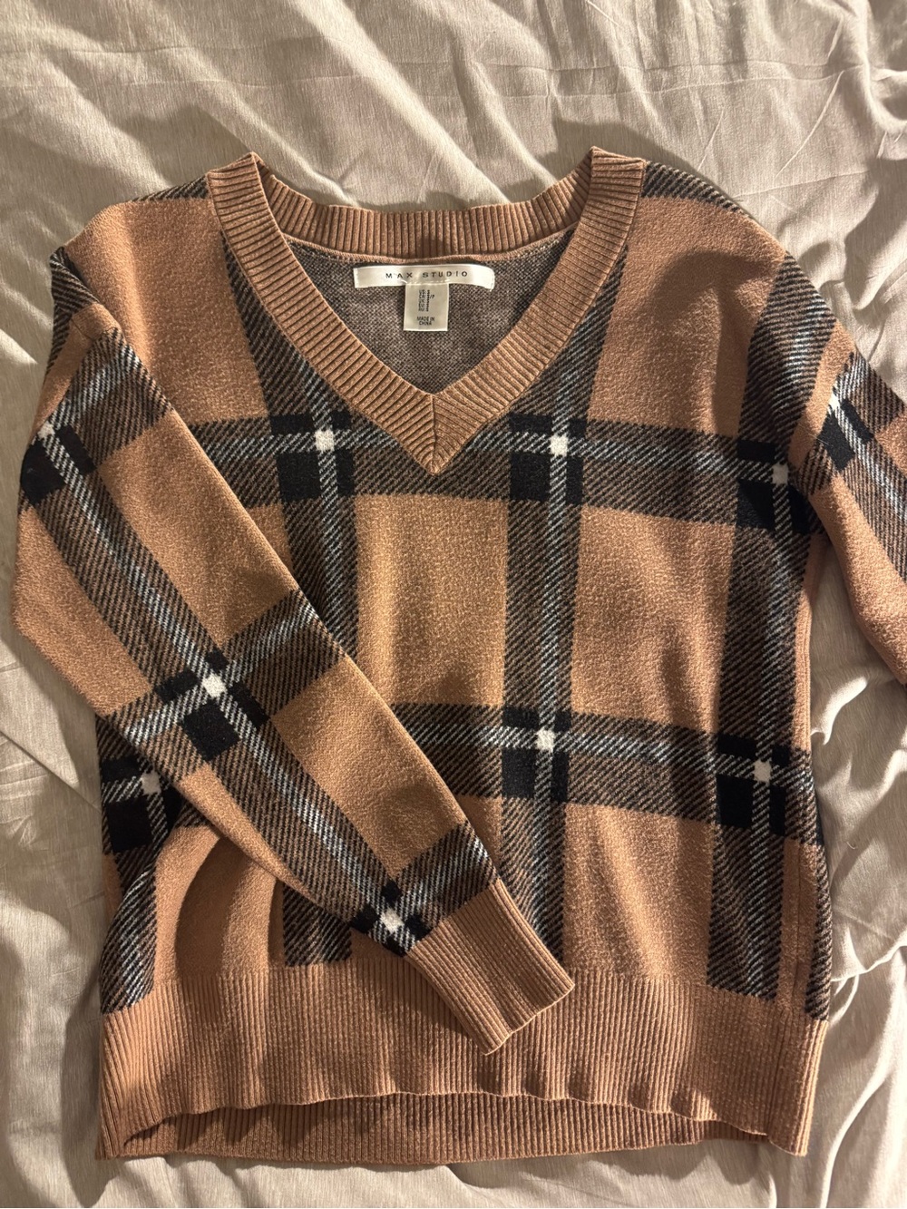 Max Studio Camel and Black Plaid V-Neck Sweater